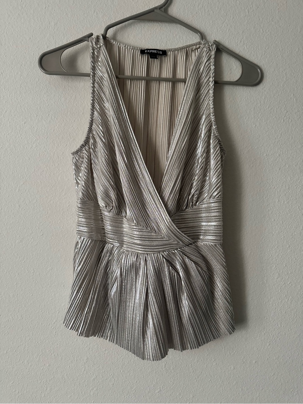 Express Silver Metallic Plissé Wrap-Front Camisole